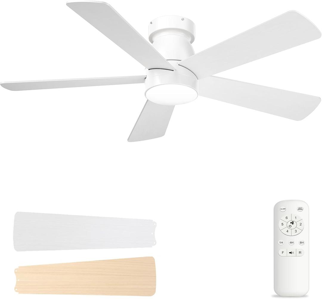Ceiling Fans with Lights and Remote, Low Profile Ceiling Fan with Light, 6 Speed, Dimmable, DC Motor, Quiet, Timer, Modern LED Ceiling Fan for Bedroom Living Room 48 inch, White