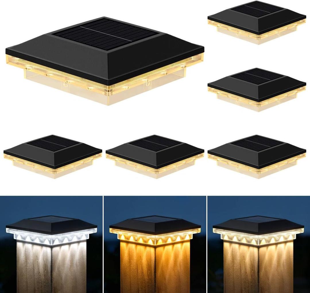 Brightever 4x4 Solar Post Cap Lights Outdoor with 3 Lighting Modes, 6-Pack Solar Powered Fence Post Lights Waterproof Fits Wooden/Vinyl Posts, Solar Deck Post Lights for Garden Patio Porch, Black