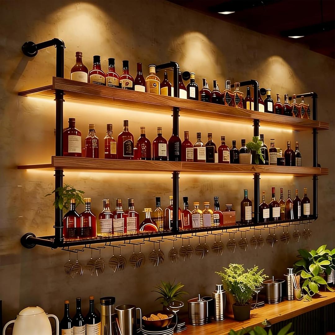 Wall Mounted Wine Rack with LED Lights, 3-Tier Industrial Wood Floating Shelves, Metal Wine Glass Rack/Hooks, Liquor Shelf Storage Organizer for Home Bar (Walnut, 3Tiers-80cm31.4in)