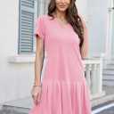 Alaster Queen Womens 2025 Summer T Shirt Pleated Dress Short Sleeve Casual Swing Tunic Dress with Pockets (Pink)