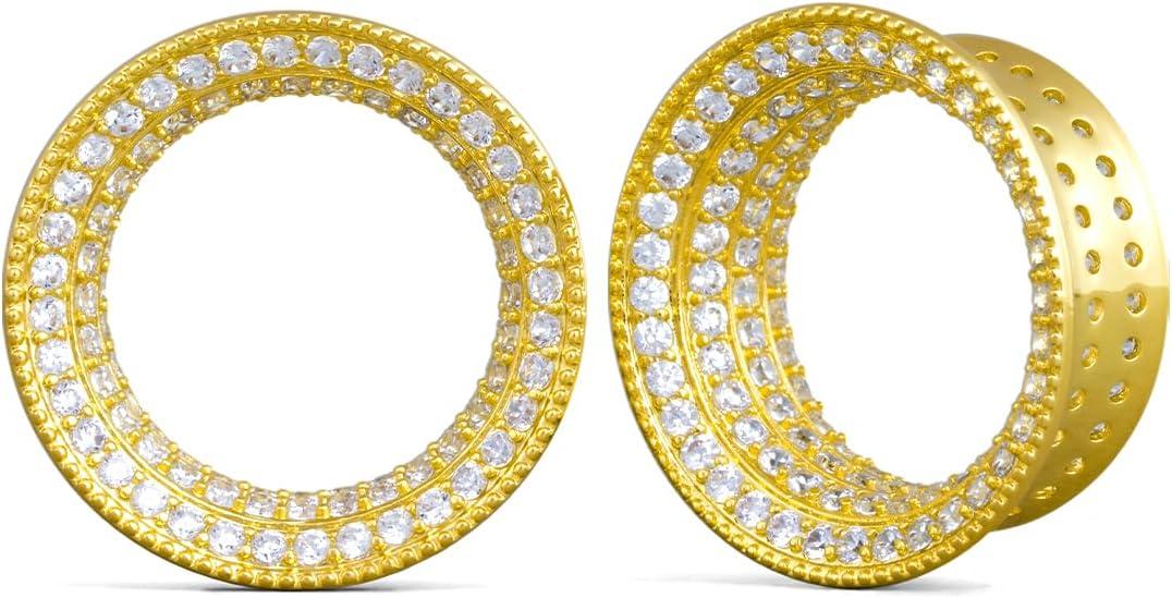 PONWAG 1 Pair 0g 00g 8mm-30mm Classic Ear Gauge Luxury White Zircon Hollow Ear Plug Gauges Single Flare Tunnels For Ear Stretcher Expander Women Body Piercing Jewelry