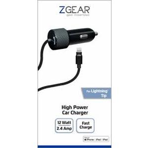 ZGEAR Fast Charge Car Charger – Lightning Tip – 12 Watt / 2.4 Amp – 6 ft (1.8m) Coil Cord