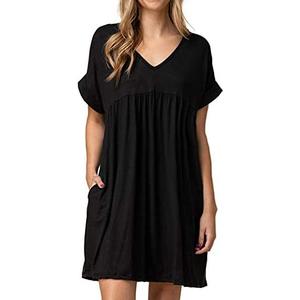 Jayscreate Women's Baby Doll Dress Summer Casual Tunic Pleated Flowy Swing Short Sleeve Black V Neck Mini Dress.3XL