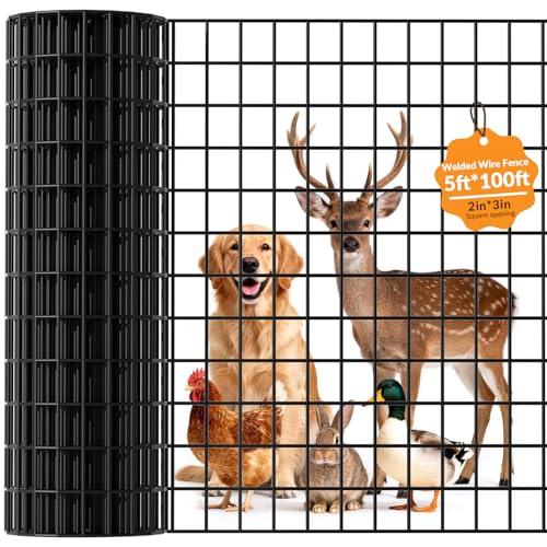 Welded Wire Fencing 5 Foot x 100 Foot,2 Inch x 3 Inch 16GA Black PVC Wire Fence,Vinyl Coating Metal Wire Mesh for Yard Vegetable Protection Goat & Poultry Netting
