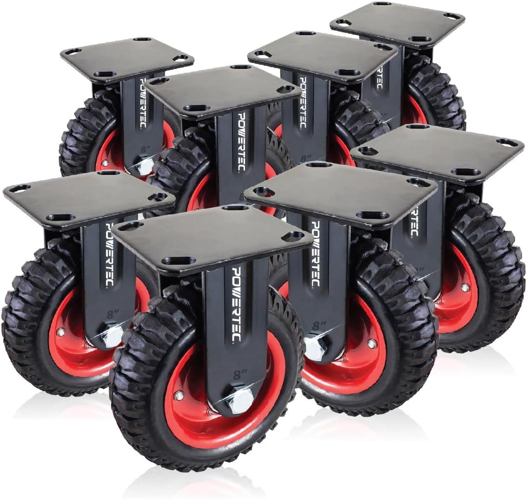 POWERTEC 8 Inch Caster Wheels Set of 8, Heavy Duty Fixed Plate Casters with Rubber Knobby Tread for Workbench, Dolly, Cart, Trolley, Wagon, Toolbox & Chicken Coop, Large Castor Wheels (17053-P8)
