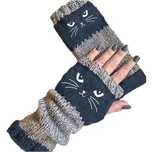 Womens Knitted Fingerless Gloves with Cat Embroidery,Thick Warm Winter Gloves,Essential for winter travel (Navy Blue)