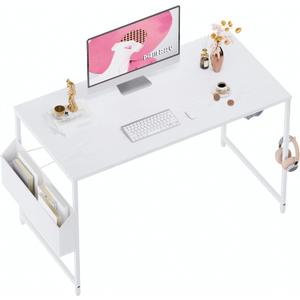 Pamray 47 Inch Computer Desk for Small Spaces with Storage Bag, Home Office Work Desk with Headphone Hook, Small Office Desk Study Writing Table (White)