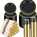 BESTVIP 350PCS Black Gold Dinnerware Set for 50 Guests, Plastic Plates for Halloween Party and Christmas, 50 Disposable Plates, 50 Dessert Plates, 50 Cups, 50 Spoons, 50 Forks and 100 Knives