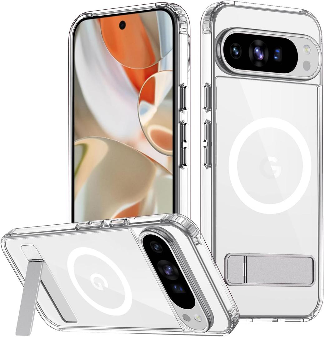 Magnetic Case for Google Pixel 9 Pro XL, Adjustable Kickstand[Compatible with Magsafe], [Military Grade Drop Tested], Non-Slip Shockproof Slim Case for Google Pixel 9 Pro XL,Clear
