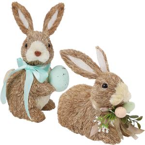 DR.DUDU Set of 2 Easter Decorations Bunny Figurines with Eggs, Spring Straw Rabbit Tabletop Decor, Rustic Sisal Bunny Statues Springtime Decor for Home Table Office Kitchen Farmhouse