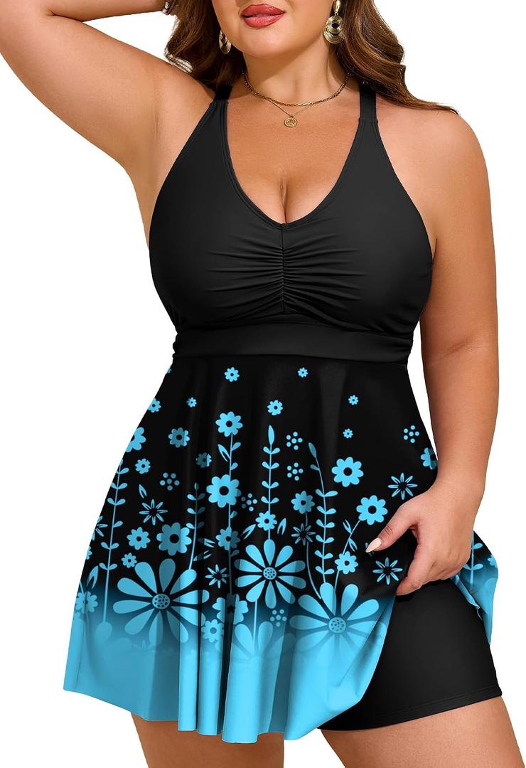 HUSKARY Plus Size Tankini Swimsuits for Women Tummy Control V Neck Hide Belly Bathing Suits Two Piece with Swim Shorts Size: 20 Plus