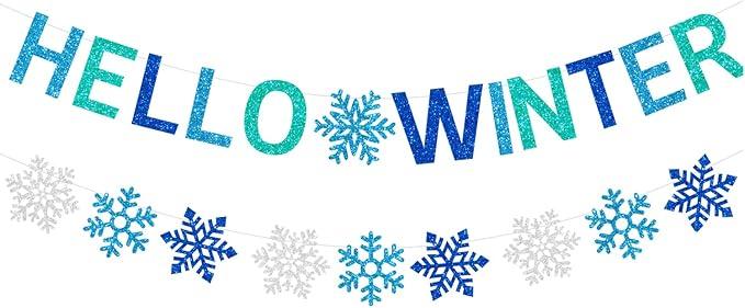 Glittery Hello Winter Banner White Blue Snowflake Banner Winter Wonderland Baby Shower Decorations Christmas Winter Holiday Party Decorations