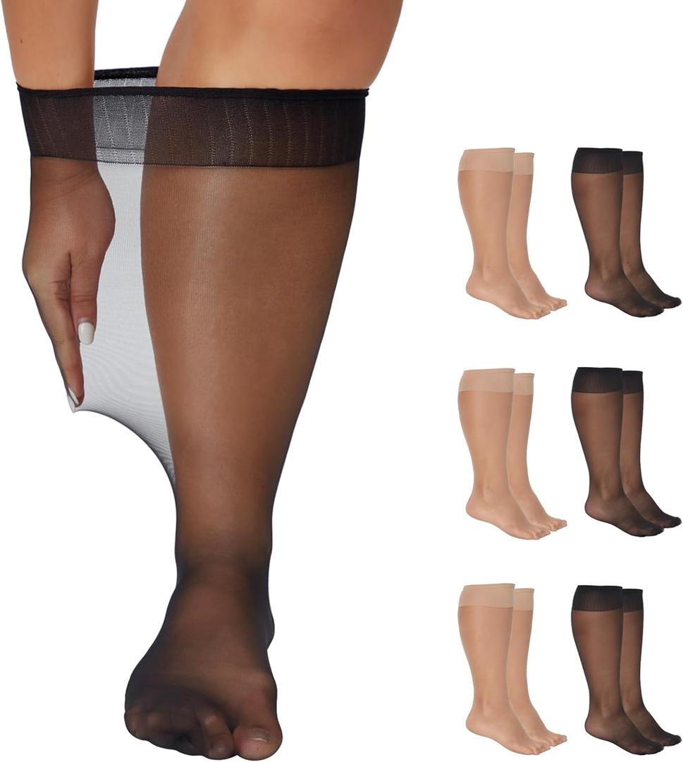 Yilanmy 6 Pairs Plus Size Knee High Stockings for Women Sheer Trouser Socks (XXXL)