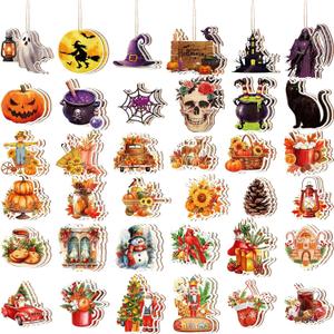 72 Pcs Christmas Wooden Ornaments Decor Santa Claus Hanging Ornaments for Christmas Tree Vintage Xmas Tree Ornament for Holiday Thanksgiving Party Favors Supplies Decorations