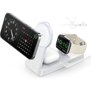 3 in 1 Magnetic Wireless for iPhone Charging Station: Foldable Portable Charger for iPhone 17-12 Pro Max & Apple Watch & AirPods, for Apple Multiple Devices Charger for Home,Office&Travel (White)