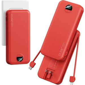12000mAh Ultra-Portable-Charger-Power-Bank with Built in Cables&AC Wall Plug,PD20W USB-C Fast Charging Cell Phone Charger Battery Pack,LED Display Travel Battery Bank for All iPhone,Samsung,Android (Red)