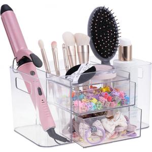 2-Drawer Hair Accessories Organizer, Large Capacity Clear Acrylic Vanity Organizer with 3 Compartments, Hair Brush Holder for Hair Ties, Clips, Scrunchies and Bobby Pins (Transparent)