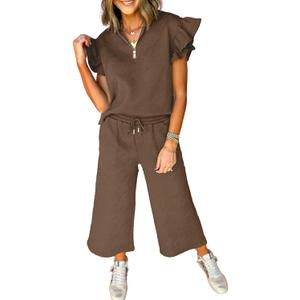 SHEWIN 2 Piece Sets Outfits for Women V Neck Collared Ruffle Short Sleeve Polo Shirts Quarter Zip Pullover Tops Lounge Set (Small, Brown)