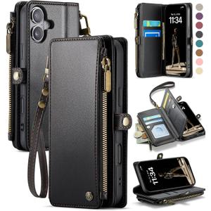 Defencase Compatible with iPhone 16 Case Wallet with RFID Blocking Card Holder for Women and Men, Fashion PU Leather Magnetic Snap Flip Zipper Strap Wallet Phone Case for iPhone 16 6.1", Black