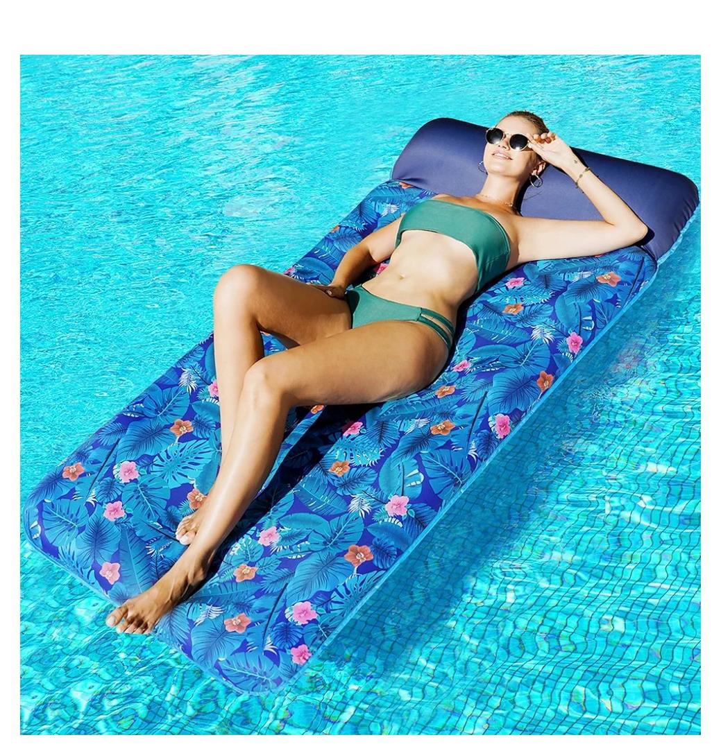 FindUWill Oversized Pool Float Lounge, 72" X 37" Extra Large Fabric-Covered Pool Floats for Adults, Inflatable Contour Lounger with Headrest Ultra-Comfort Cooling Pool Raft (XL, Monstera)