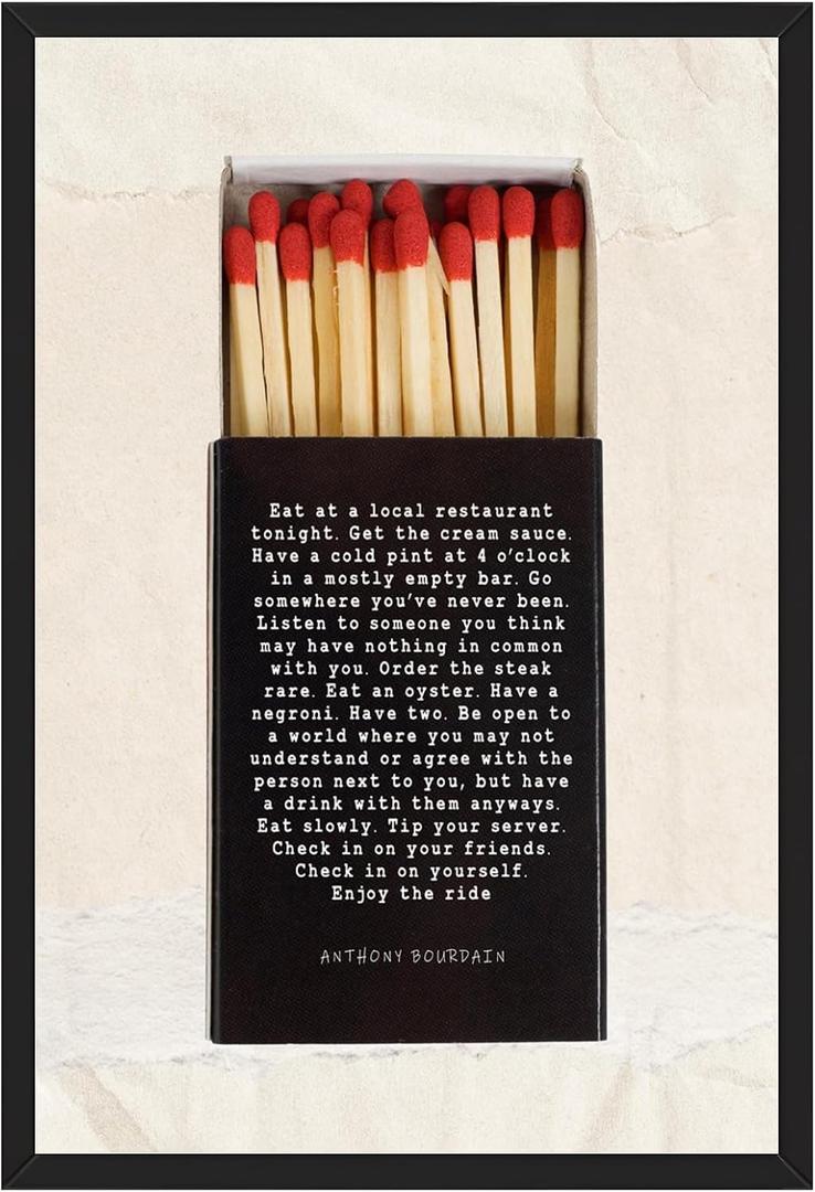 Framed Eat at Local Anthony Bourdain Matchbox Quote Canvas Wall Art Prints Vintage Matchbox Typography Picture Minimalist Motivational Literary Artwork for Office Study Home Decor 8x12inch