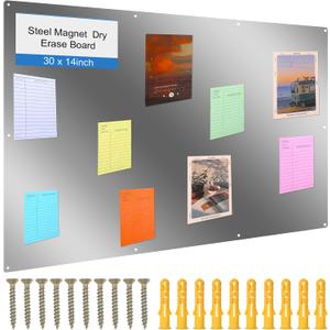 Ireer Magnetic Board Steel Magnet Bulletin Boards for Walls to Display Magnetic Notes Photos for Home Office Classroom, Pre Drilled with Screws and Dry Wet Erase Feature(Steel Color,30 x 14 Inch)