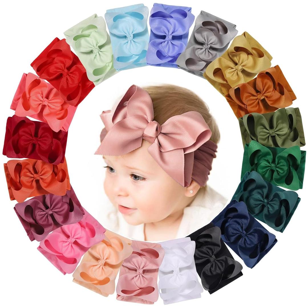 Doboi Baby Girl Headbands Set - 20pcs Hair Bows and Nylon Headbands, Big Bows for Infant, Newborn, and Toddler Girls (New Colors Style)