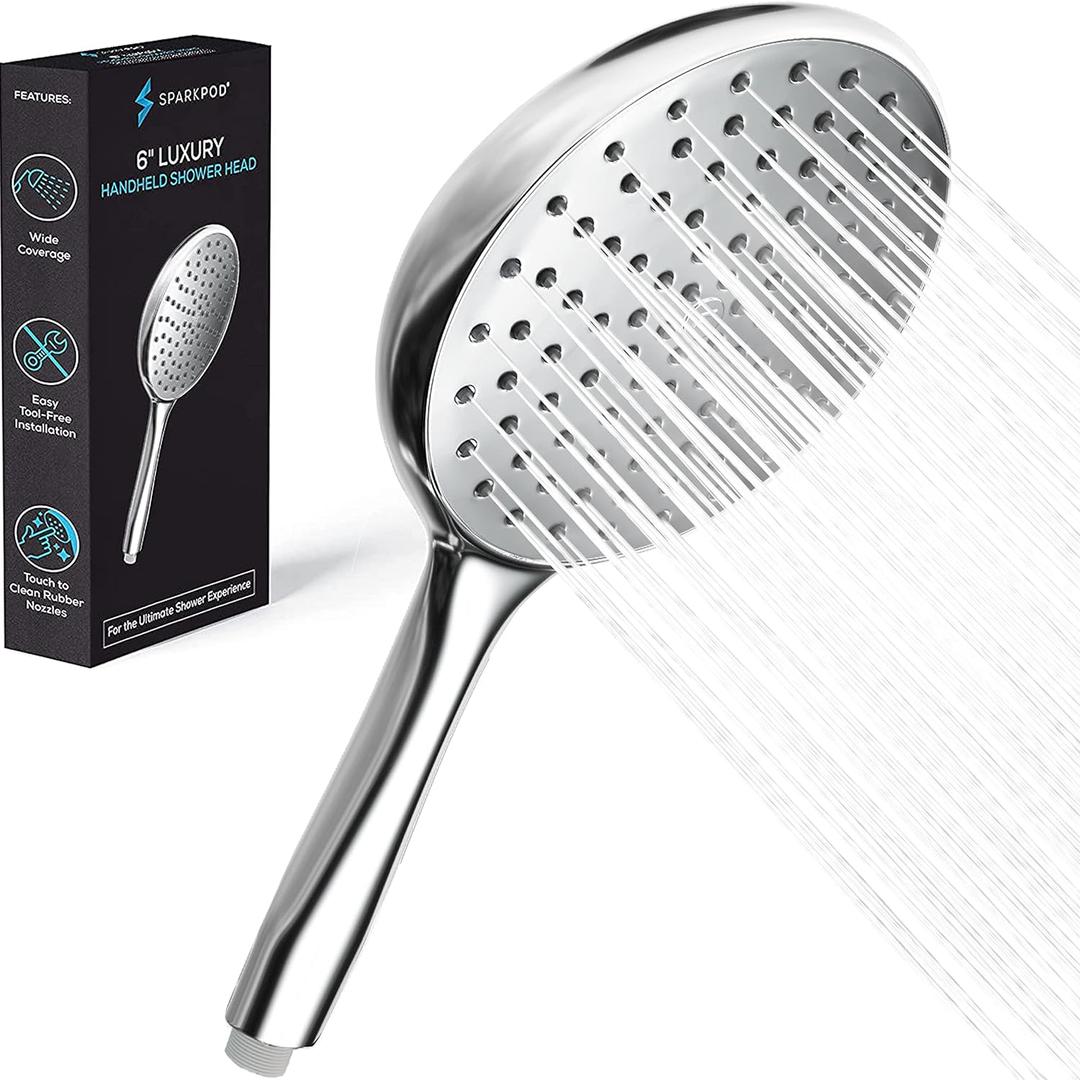 SparkPod High Pressure Handheld Shower Head - Huge 6-Inch Face - Luxury Rain Shower Design - Tool-Free 1-Min Installation - Handheld Only, No Bracket or Hose (Luxury Polished Chrome)