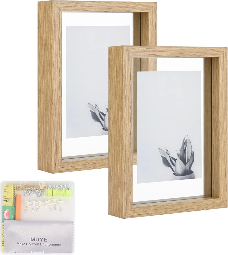 MUYE 5x7 Floating Frame Set Of 2, Double Glass Rustic Photo Frame For Wall Hanging Or Tabletop Standing, Also Display 4x6 Or 3x5 Photo For Floating Effect,Natural