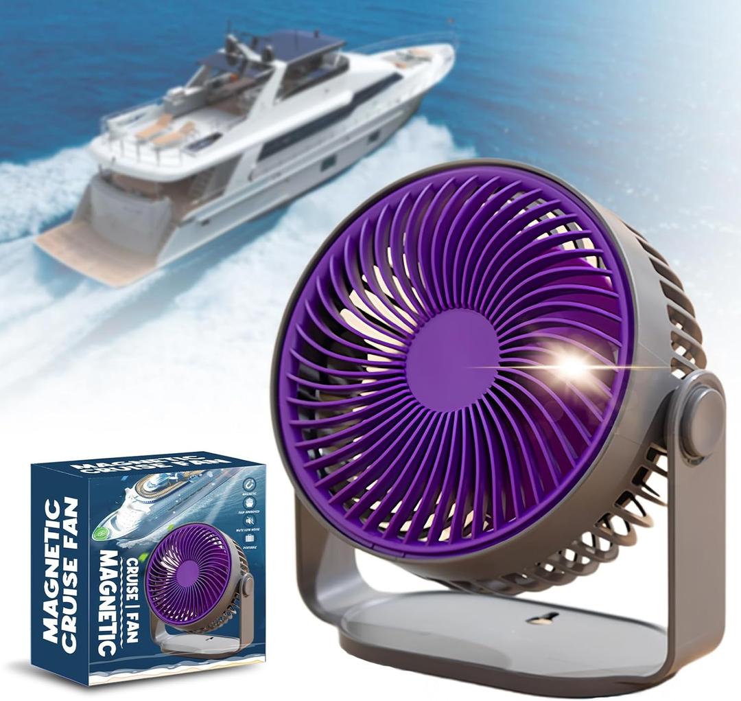 Magnetic Cruise Ship Approved Fan with Portable Design, 3000mAh Rechargeable Battery Fan with 4 Speeds, LED Light, Magnetically Sticks on Cabin Ceilings and Walls, Ship Approved Cabin Air Circulator