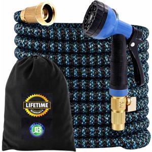 J&B XpandaHose 75ft Expandable Garden Hose with Holder - Heavy Duty Superior Strength 3750D - 4 -Layer Latex Core - Extra Strong Brass Connectors and 10 Spray Nozzle w/Storage Bag (Blue 75)