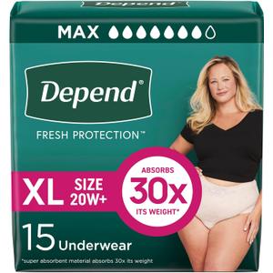 Depend Fresh Protection Adult Diapers, Incontinence & Postpartum Bladder Leak Underwear for Women, Disposable, Maximum, Extra-Large, Blush, 15 Count