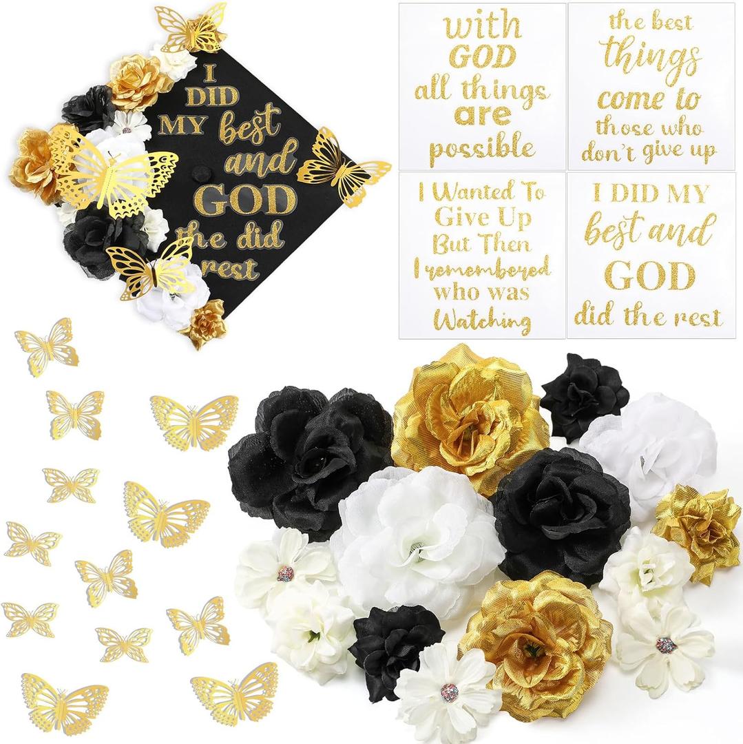 Knitgrip 31 Pcs DIY Graduation Cap Decorations Kit Faux Flower Heads 3D Butterfly Stickers Graduation Quotes Glitter Decals for Grad Hat Topper Nursing Graduations Party(Black, White, Gold)
