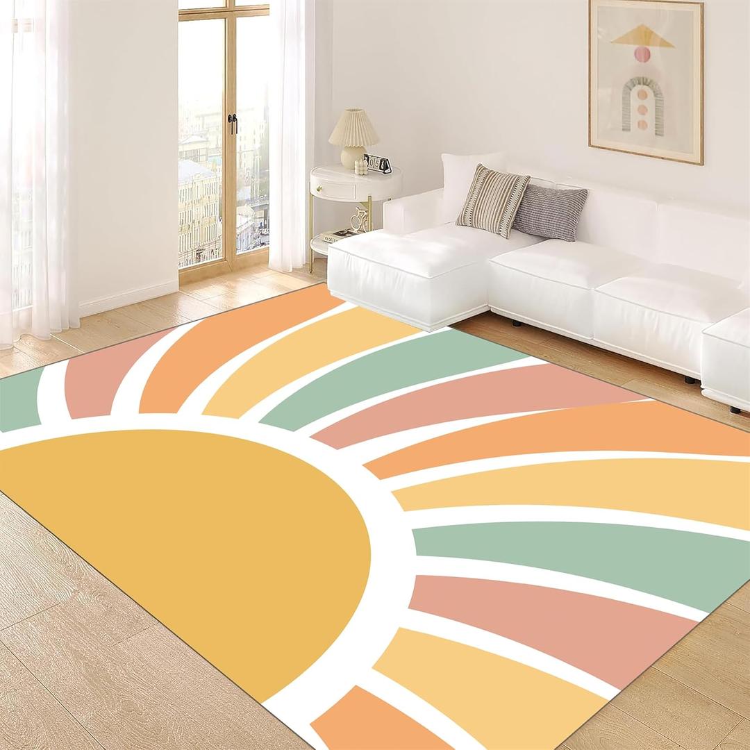 Machine Washable Rainbow Rugs Bedroom Fluffy Plush Soft Area Rugs Rainbow Sunshine Sun Print Living Room Non-Slip Indoor Flooring Kids Girls Boys Home Decor Aesthetics 6x9ft