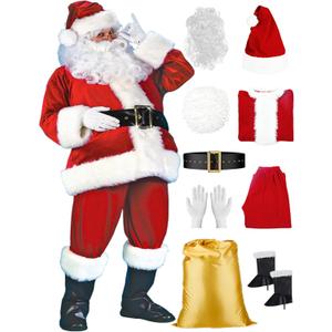 Santa Claus Costume for Men 9 PCS Deluxe Santa Suit with Hat, Christmas Party Costume for Men Adult Santa Outfit (Red)