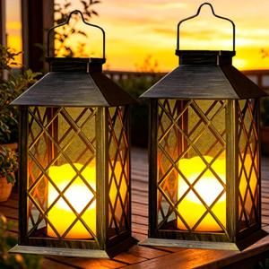 2 Pack 14" Large Tempered Glass Solar Lanterns Outdoor Waterproof | Hanging Solar Lights with Flickering Flameless Candle, Vintage Decor for Wall Porch Patio Table Garden Decorations, Bronze