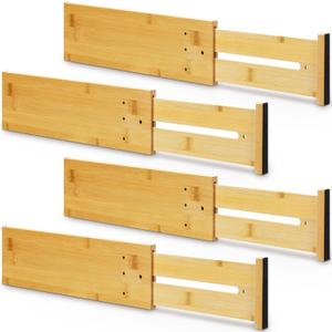 4 Pcs Deep Drawer Dividers for Clothes Adjustable 5" High Expandable from 15"-22" Bamboo Drawer Wooden Separators Spring Loaded for Dresser Baby Clothes Kitchen Office Storage