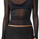 Women Sheer Mesh Top Long Sleeve Y2k See Through Crop Tee Shirt Ruched Cowl Neck Going Out Tops (US, Alpha, Small, Black)