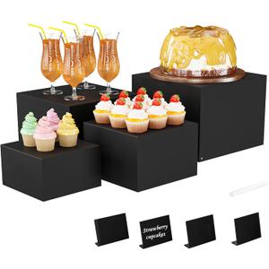 Metal Buffet Risers,4PCS Food Risers for Buffet Table 5in to 8in Display Stand with Mini Acrylic Signs for Catering Dessert Collectibles Jewelry Figures Show Matte Black Cube Boxes Nesting Risers with Hollow Bottoms