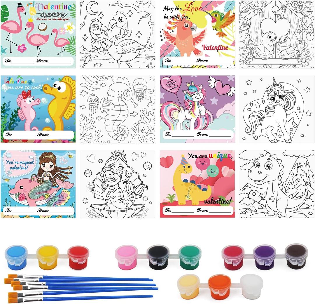 2 x PARSUP 30-Pack DIY Valentine Coloring Card Kit - Watercolor Paint Set + Brushes | Classroom Valentine Exchange Gifts, Kids Paint Party Favors, Valentines Crafts for School
