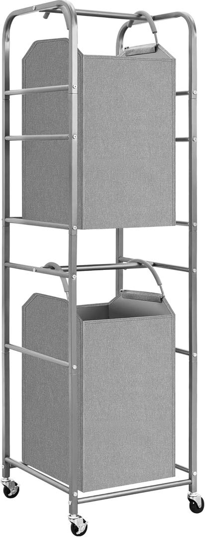 STORAGE MANIAC 2 Tier Vertical Laundry Hamper, 2 Section Laundry Sorter with 2 Removable Tote Bags, Rolling Clothes Basket for Towels, Blankets, Tall Dirty Clothes Hamper for Closet, Bathroom, 2 Bags (Gray)