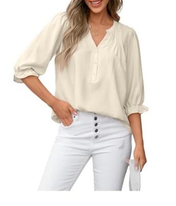 Dokotoo Womens Tops Spring Summer V Neck Button Up Short 3/4 Sleeve Shirts Business Casual Blouses Size S