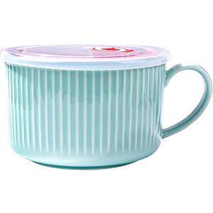 Soup Mug with Lid Noodle Bowl with Handle for Kitchen Microwave Bowl Ceramic Mug 30.4 OZ Cereal Bowls for Pho Chip Fruits Salad and Noodle Blue