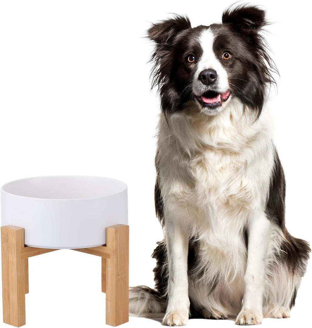 Raised Ceramic Large Dog Bowl - Heavy Weighted Dog Dish with Bamboo Stand - Elevated for Comfortable Feeding - 8.3" W x 8" H - 4.5 Cups (68 fl oz) - White Raised Ceramic Large Dog Bowl - Heavy Weighted Dog Dish with Bamboo Stand - Elevated for Comfortable Feeding - 8.3" W x 8" H - 4.5 Cups (68 fl oz) - White
