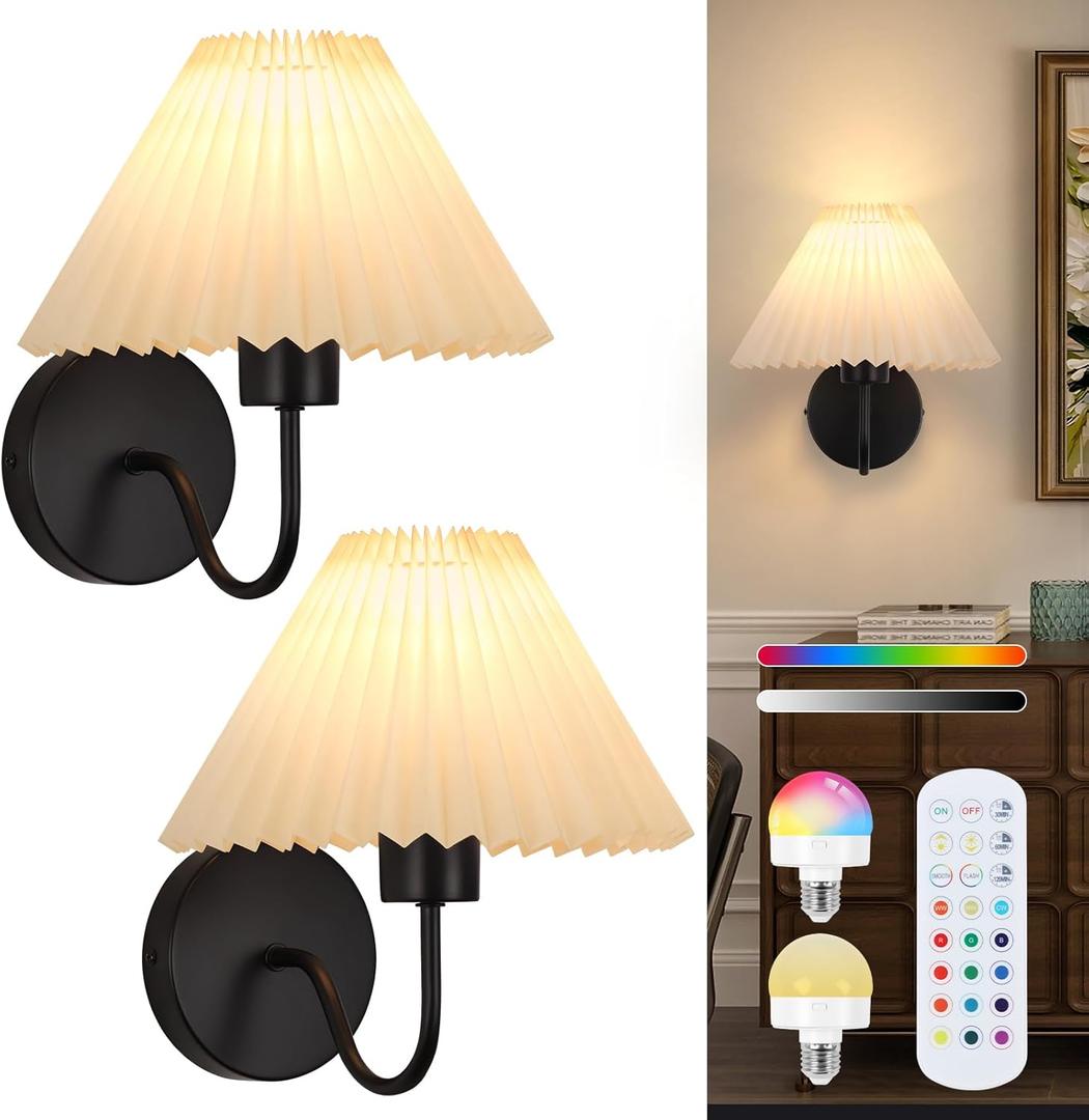ADISUN Wall Sconces Sets of 2 RGB Battery Operated Wall Sconces for Bedroom Dresser Classic Black Wall Lamp with Remote for Living Room Bathroom Dining Room Corridor Staircase (2 Bulbs Included)