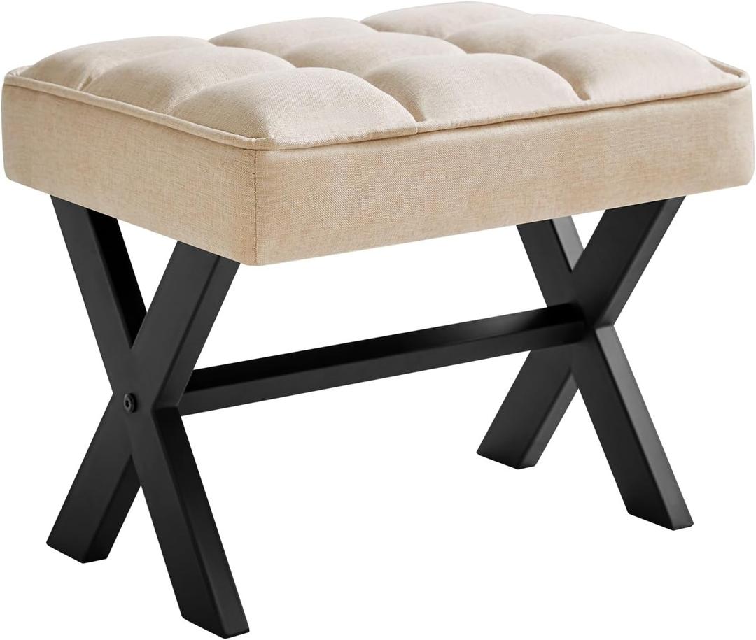 IBUYKE Small 12" H Footrest Stool, Square Linen Foot Stool with Metal X-Leg, Multi-Use as Small Side Table, Step Stool for Living Room, Bedroom, Entryway, Office, Linen 15.75"D x 11.81"W x 12.2"H