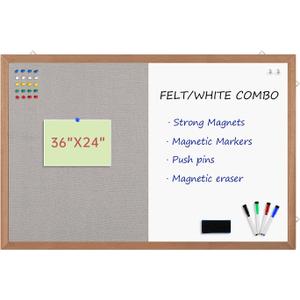 Grey Felt Bulletin/Dry Erase White Combo Board, 36" X 24 Combination Whiteboard/Bulletin Board, Pin Board with Natural Wood Frame