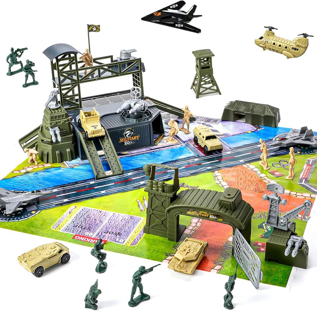 47 Pieces Military Base Set, Army Men Playset with Vehicles Accessories, Soldier Army Men and Play Map, Mini Army Toy Tank, Warplane, Helicopter Playset Plastic Christmas Toys Gifts for Kids Boys