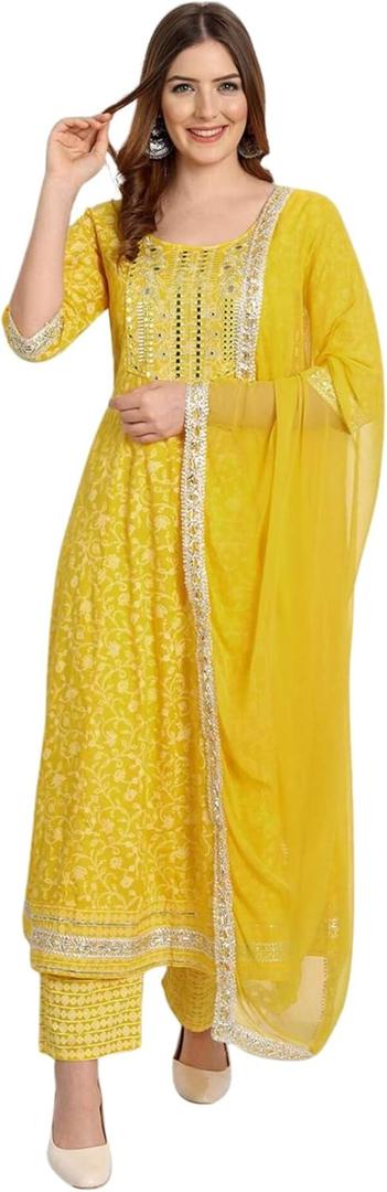 Rayon Anarkali Indian Kurti For Women Summer Dress Kurta Pant With Dupatta Set Pakistani Kurta (Large, Yellow)
