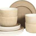 Gisbon Elite Butterwick 12 Piece Plates and Bowls Stoneware Dinnerware Set - Brown Blush Pink Reactive Glaze Patterned Dishes - Microwave and Dishwasher Safe